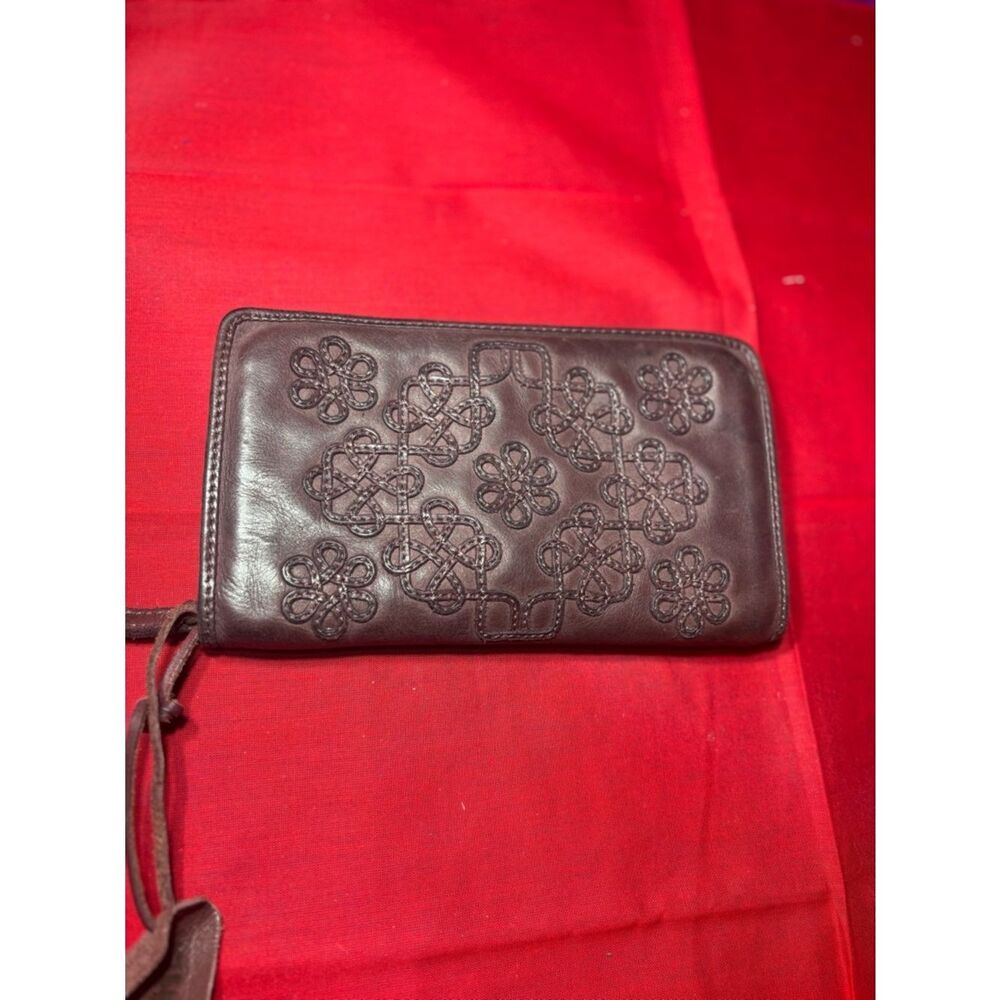 Genuine Leather Zip Wallet with Floral Embroidery - Brown EPC